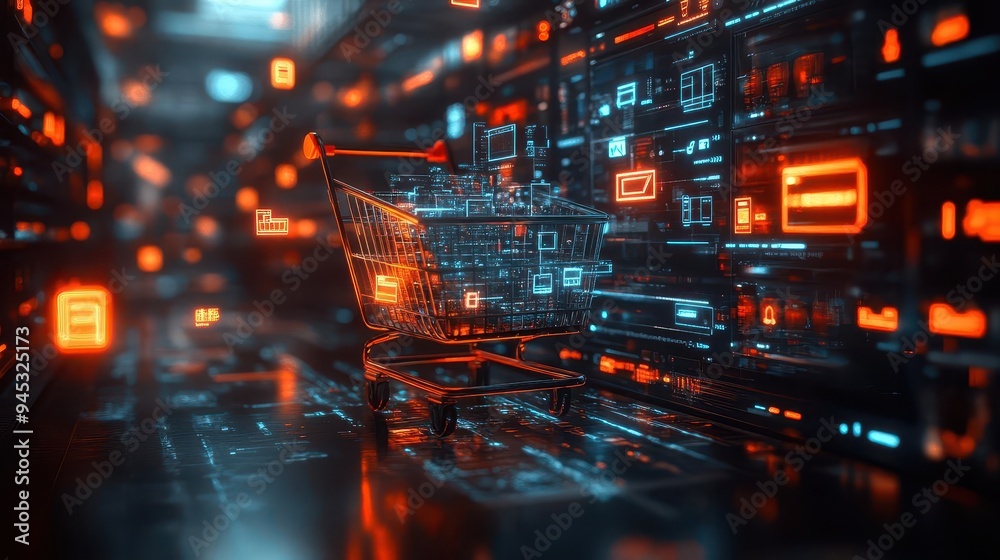 3d rendering of virtual shopping cart emerging from laptop screen surrounded by floating product icons and digital payment symbols 3d rendering of virtual shopping cart emerging from laptop screen surrounded by floating product icons and digital payment symbols