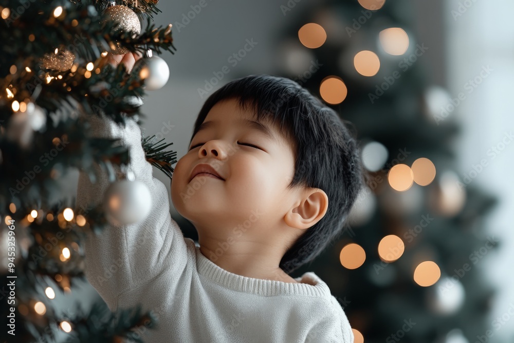A young child with dark hair, enthusiastically decorating a Christmas tree. The child's joyful expression captures the happiness and wonder of the holiday season. A young child with dark hair, enthusiastically decorating a Christmas tree. The child's joyful expression captures the happiness and wonder of the holiday season.
