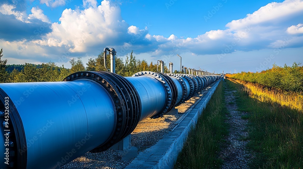 Bright huge gas pipeline pipes against the blue sky Bright huge gas pipeline pipes against the blue sky