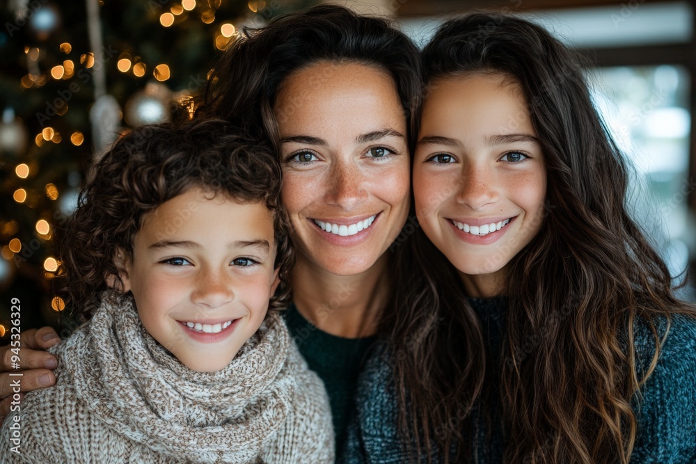 A middle-aged woman along with her two children smile warmly in front of a beautifully decorated Christmas tree, epitomizing the essence of family togetherness during the holidays. A middle-aged woman along with her two children smile warmly in front of a beautifully decorated Christmas tree, epitomizing the essence of family togetherness during the holidays.