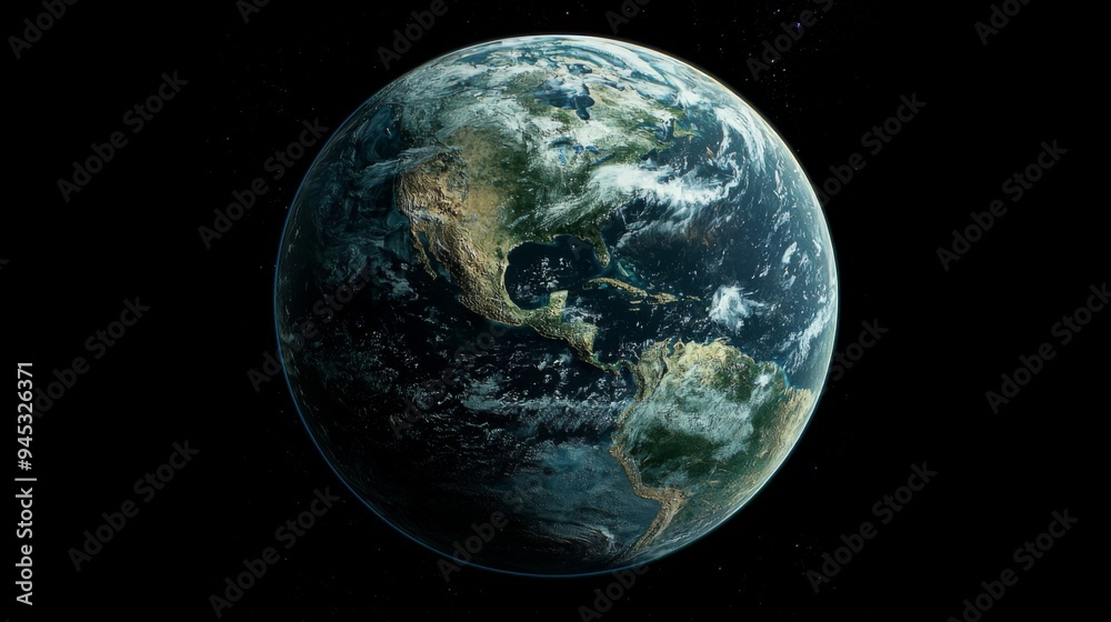 Fototapeta premium Earth-Like Planet: Close-up of an Earth-like planet with continents, oceans, and visible weather systems