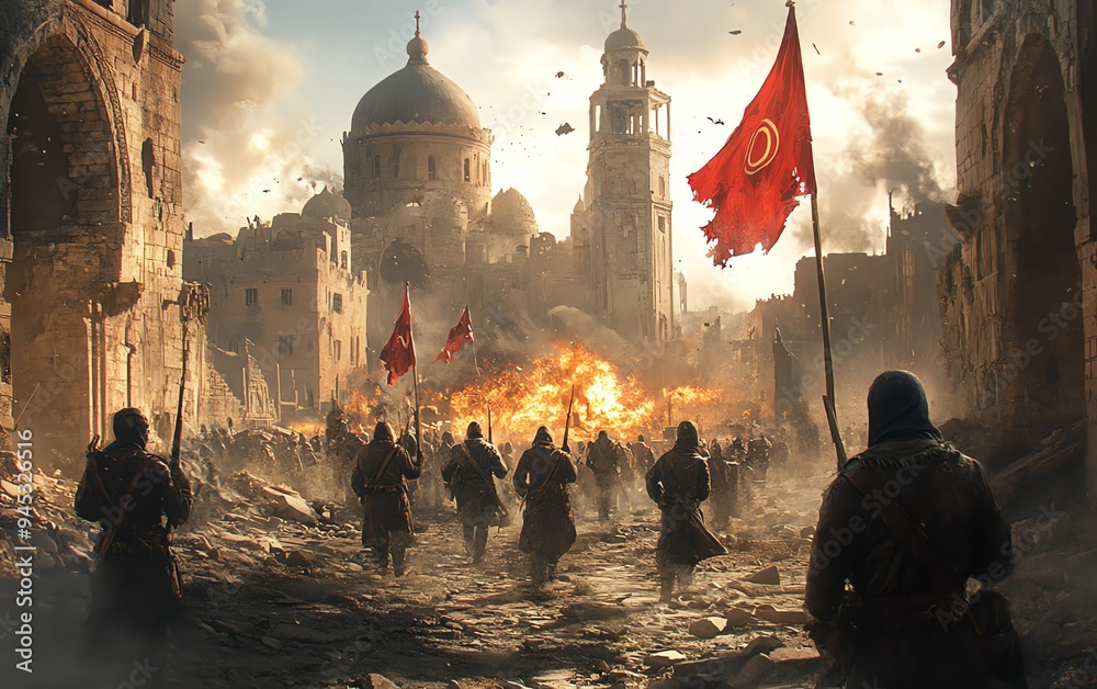 Ultrarealistic 4K image of a war driven by religious tensions Stock