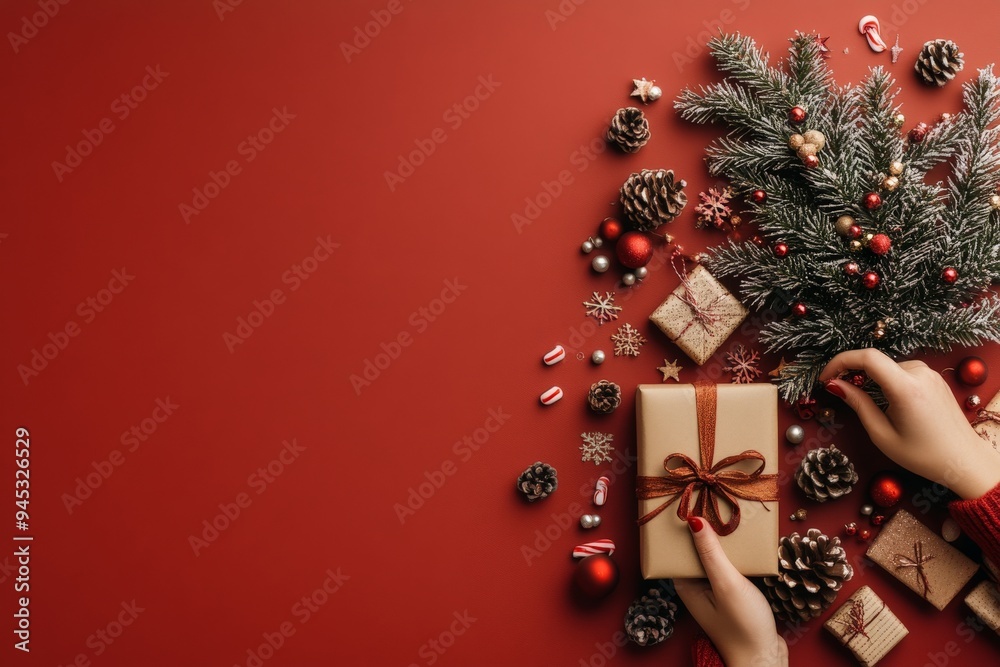 A beautifully wrapped Christmas gift with a ribbon, surrounded by pine cones, fir branches, and festive decorations on a red background, ready for the holiday season. A beautifully wrapped Christmas gift with a ribbon, surrounded by pine cones, fir branches, and festive decorations on a red background, ready for the holiday season.