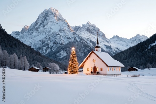 A picturesque snow-covered chapel stands in a mountainous landscape, with a beautifully lit Christmas tree at night, representing serenity and holiday spirit.