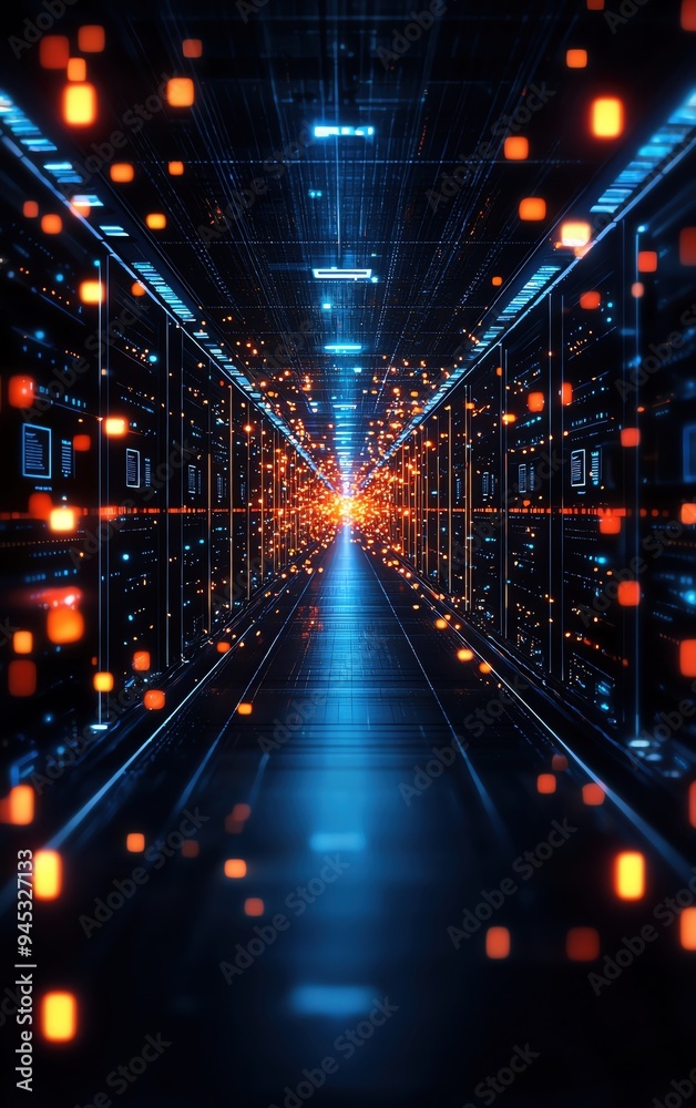 Futuristic data center corridor with vibrant lights and digital elements, representing advanced technology and innovation. Futuristic data center corridor with vibrant lights and digital elements, representing advanced technology and innovation.