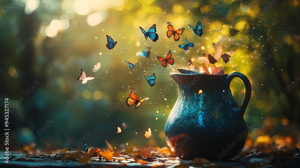 Butterflies, representing dreams and desires, emerge from the jug and sparkle Butterflies, representing dreams and desires, emerge from the jug and sparkle