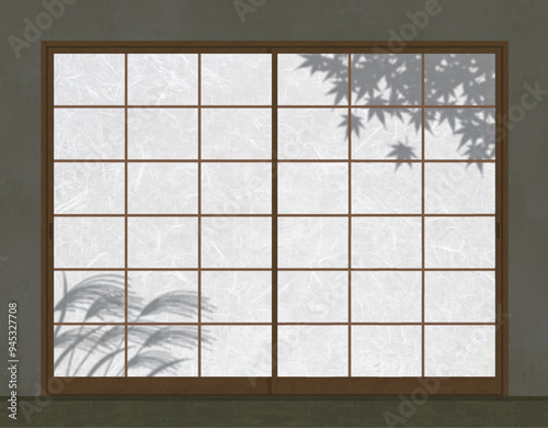 障子と紅葉とススキの影水彩画
