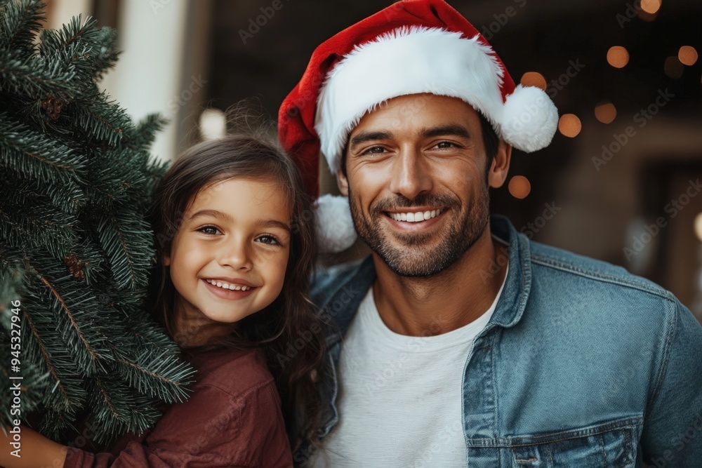 A beaming father in a denim jacket and his daughter smile next to a Christmas tree, with the father wearing a Santa hat, exuding festive joy and warmth. A beaming father in a denim jacket and his daughter smile next to a Christmas tree, with the father wearing a Santa hat, exuding festive joy and warmth.