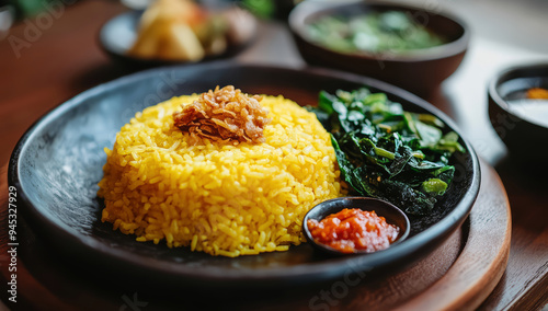 Iindonesian culinary feat, nasi kuning or tumeric rice with herbs and spices photo