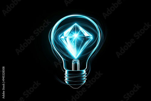 Glowing Light Bulb with a Diamond Core on Black Background