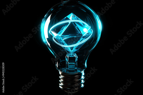 Glowing Light Bulb with a Diamond Core on Black Background