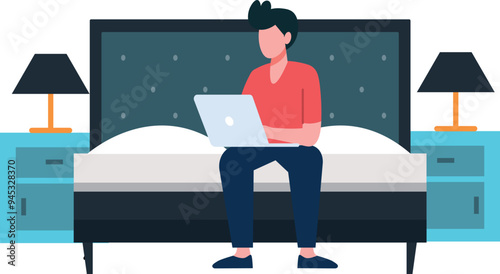 Boy sitting on bed working on laptop.