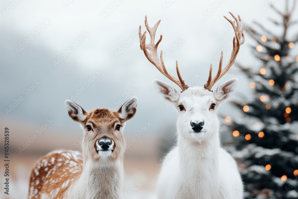 Obraz premium Two deer stand in a snowy landscape featuring an adorned Christmas tree in the background, evoking a serene and festive outdoor holiday atmosphere.