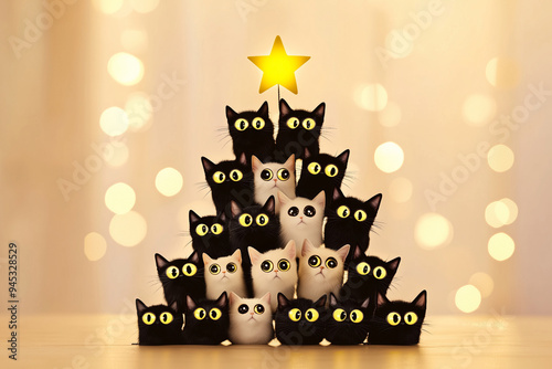 Cute Christmas Tree of Black and White Kittens with Glowing Yellow Eyes and Star Topper