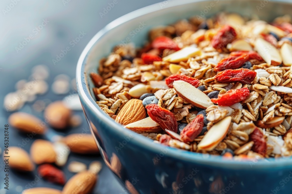 Healthy Breakfast Bowl with Almonds, Goji Berries, and Whole-Grain Cereal for Nutritious Start Healthy Breakfast Bowl with Almonds, Goji Berries, and Whole-Grain Cereal for Nutritious Start