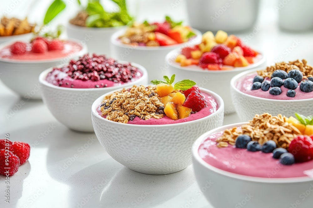 A colorful display of yogurt bowls topped with fruits and granola, showcasing healthy eating. A colorful display of yogurt bowls topped with fruits and granola, showcasing healthy eating.