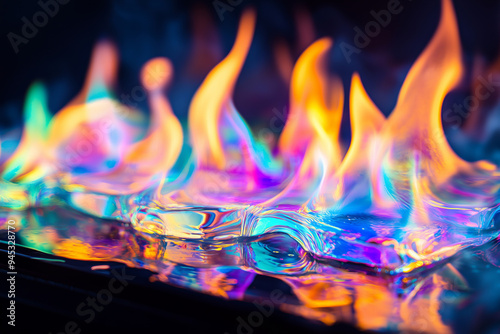 Vibrant Iridescent Flames Reflecting on a Glass Surface