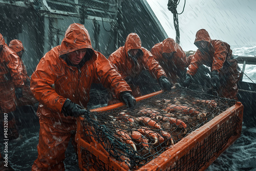 Fishermen Hauling Crab Catch in Stormy Seas