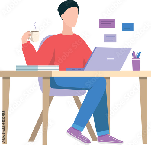 The boy is drinking tea at the working table.