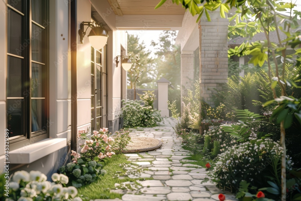 Fototapeta premium A stone path leads from a homes exterior to a lush back yard