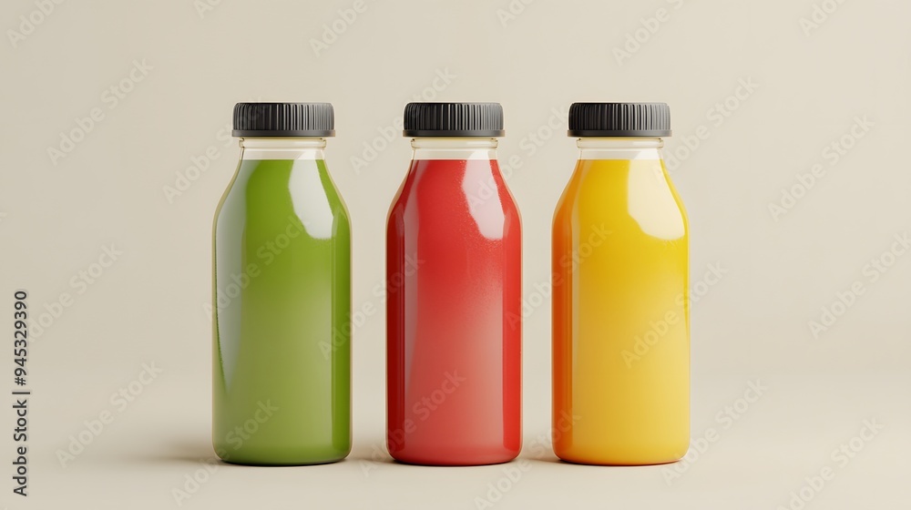 Three glass jars of different colors, one yellow, one red, and one orange, are lined up on a yellow background Three glass jars of different colors, one yellow, one red, and one orange, are lined up on a yellow background