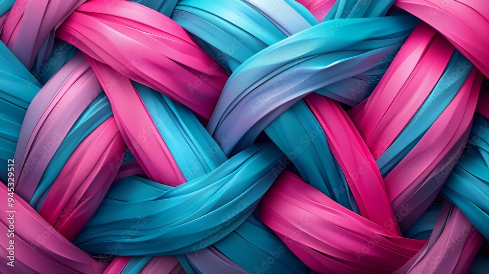 Dynamic 3D coiled threads, satin thread, bright pink and teal background, woven patterns and soft shadows.
