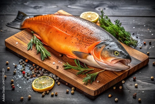 Freshly caught salmon lies on a dark wooden cutting board, glistening with dew, its vibrant orange flesh illuminated against a somber, mysterious background.