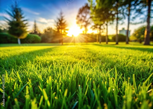 Freshly cut green grass with slight imperfections and varied lengths, illuminated by soft natural light, creating a serene and peaceful outdoor atmosphere.