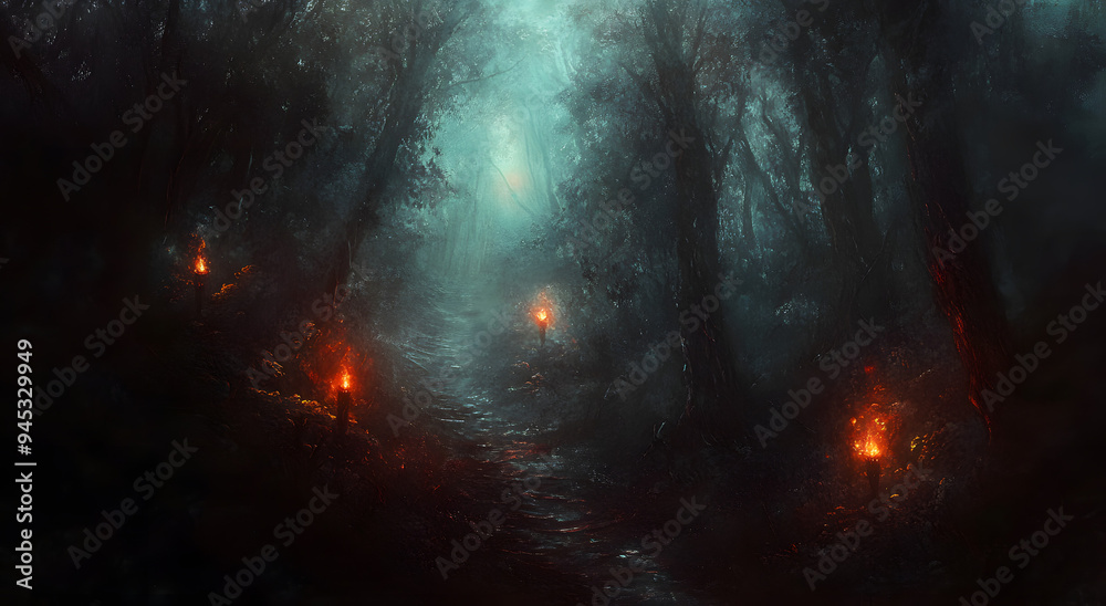 Dark Fantasy Forest, a Path in the Woods Lit by Torches
Dark Fantasy Forest, a Path in the Woods Lit by Torches