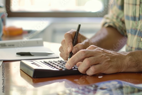 Calculating His Monthly Spend An unrecognisable businessman using a calculator and writing in a notepad at home on a counter. He is updating his personal finances and working out bills.