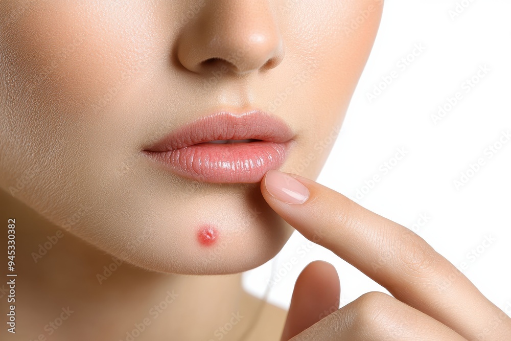 Obraz premium A woman with a red spot on her face is touching her nose