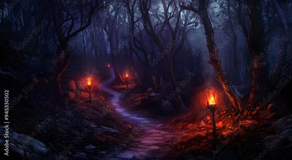 Dark Fantasy Forest, a Path in the Woods Lit by Torches
Dark Fantasy Forest, a Path in the Woods Lit by Torches