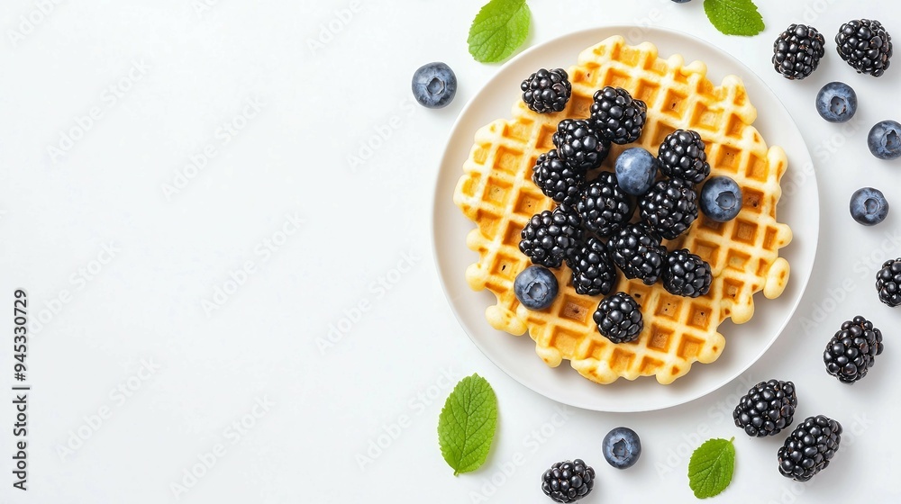 Delicious Belgian Waffles Topped with Fresh Strawberries and Blueberries - Flat Lay Breakfast Concept with Copy Space on White Background Delicious Belgian Waffles Topped with Fresh Strawberries and Blueberries - Flat Lay Breakfast Concept with Copy Space on White Background