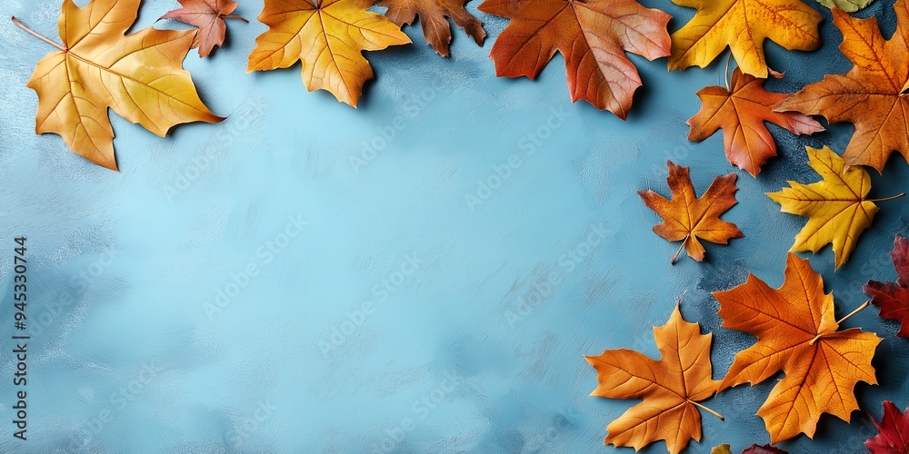 Autumn leaves scattered on a blue background, creating a seasonal and decorative effect. Autumn leaves scattered on a blue background, creating a seasonal and decorative effect.