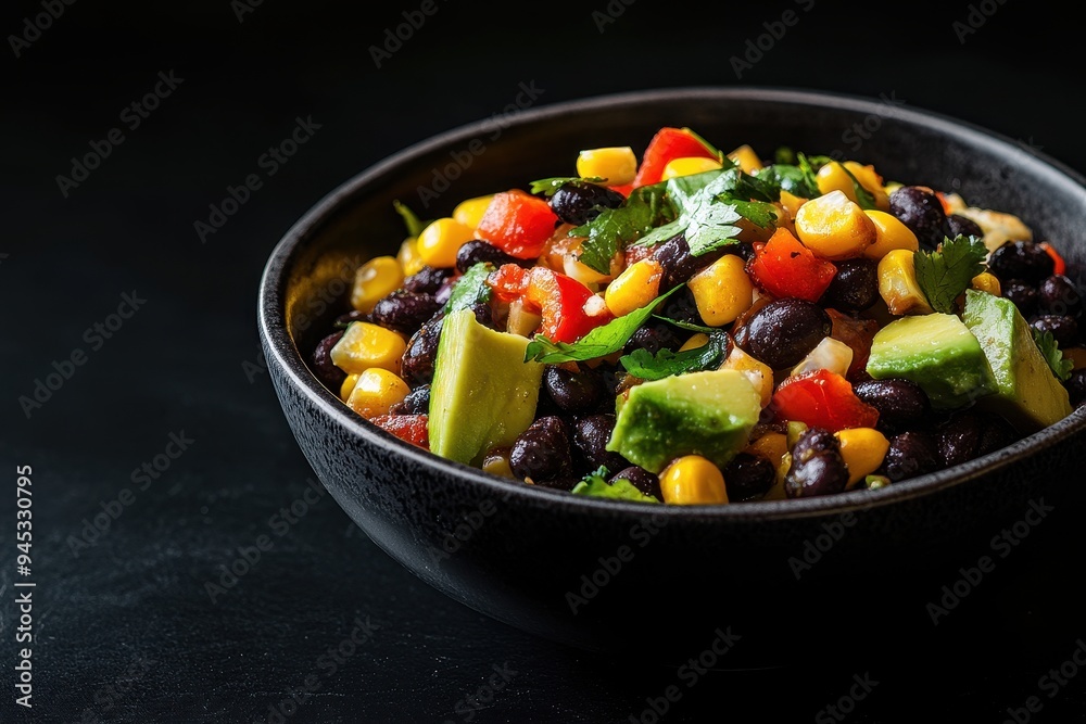 A vibrant bowl of mixed salad featuring black beans, corn, avocado, and fresh vegetables. A vibrant bowl of mixed salad featuring black beans, corn, avocado, and fresh vegetables.