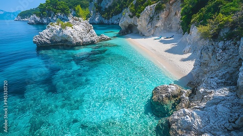 A secluded cove reveals crystal-clear turquoise water lapping against a white sandy beach.