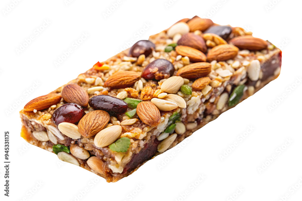 A detailed view of a granola bar featuring almonds, seeds, and dried fruits, emphasizing its wholesome ingredients and crunchy texture, on a transparent background A detailed view of a granola bar featuring almonds, seeds, and dried fruits, emphasizing its wholesome ingredients and crunchy texture, on a transparent background