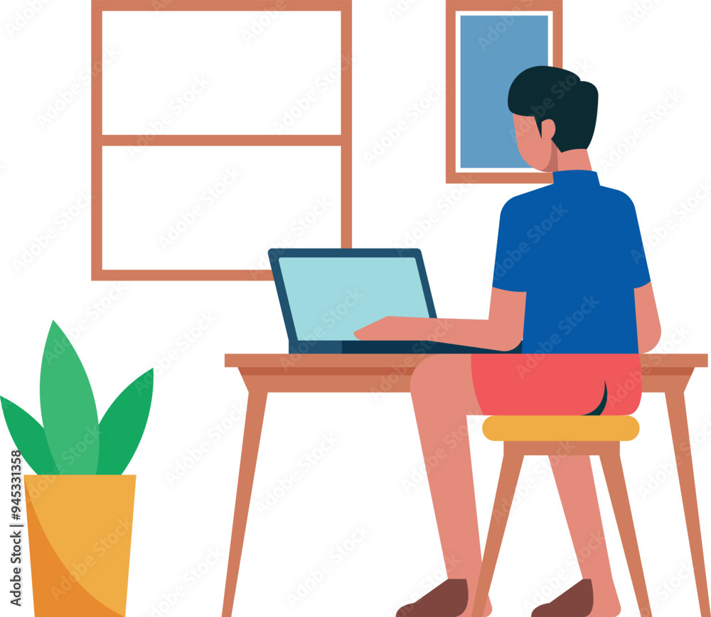 The boy is working on the laptop. The boy is working on the laptop.
