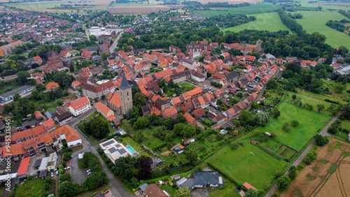 An aerial panorama view of the old town around the city Oebisfelde in Germany on a summer day.