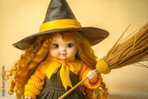 Charming Witch Doll with Curly Hair and Broom   Magical Halloween Decor photo