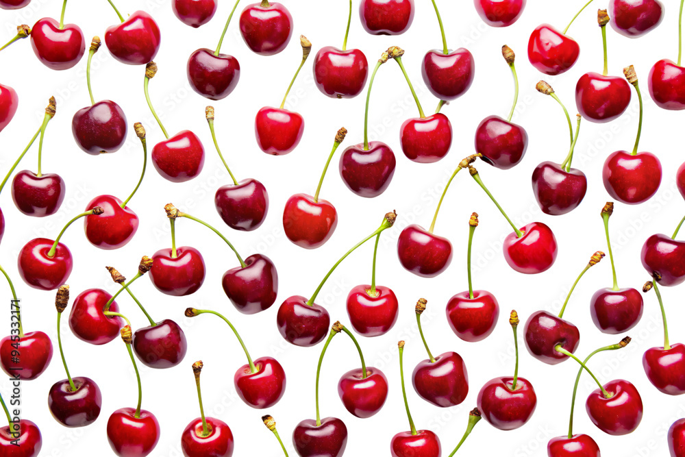 A pattern of bright red cherries with green stems, set against a dark background, showcasing their natural luster and appealing shape, on a transparent background