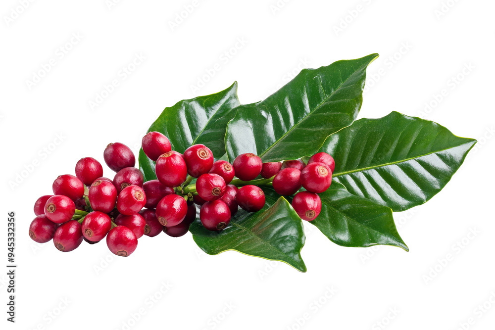 Branch of coffee plant with ripe red coffee cherries isolated on transparent background Branch of coffee plant with ripe red coffee cherries isolated on transparent background