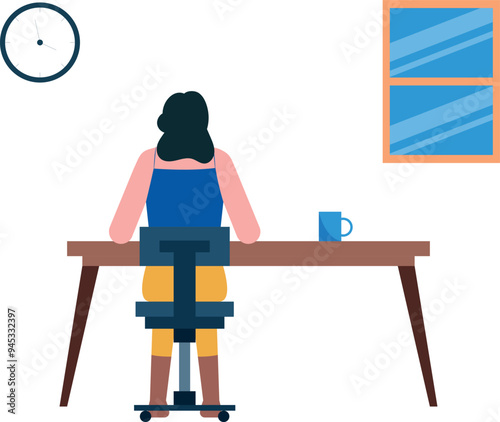 The girl is sitting at the work table.