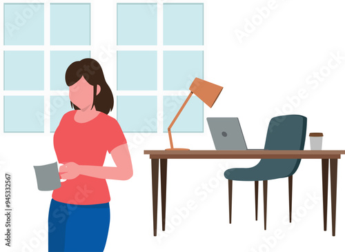 The girl is standing by the work table.