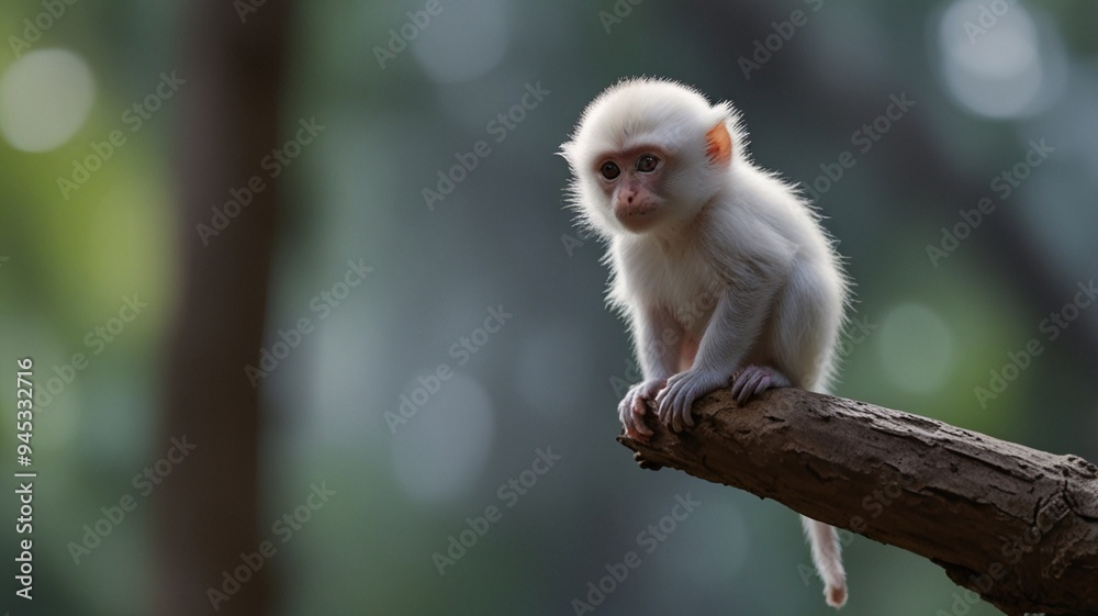 A very small white monkey is sitting on a branch A very small white monkey is sitting on a branch