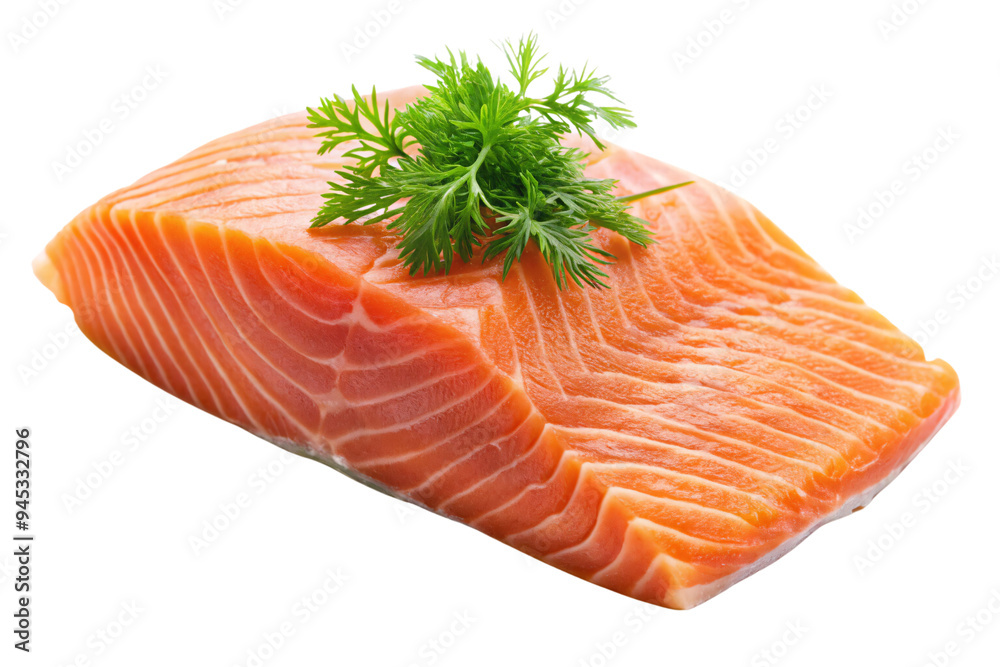 A pristine salmon fillet with delicate herb garnish, highlighting the fish's rich texture and freshness, ready for culinary preparation, on a transparent background A pristine salmon fillet with delicate herb garnish, highlighting the fish's rich texture and freshness, ready for culinary preparation, on a transparent background