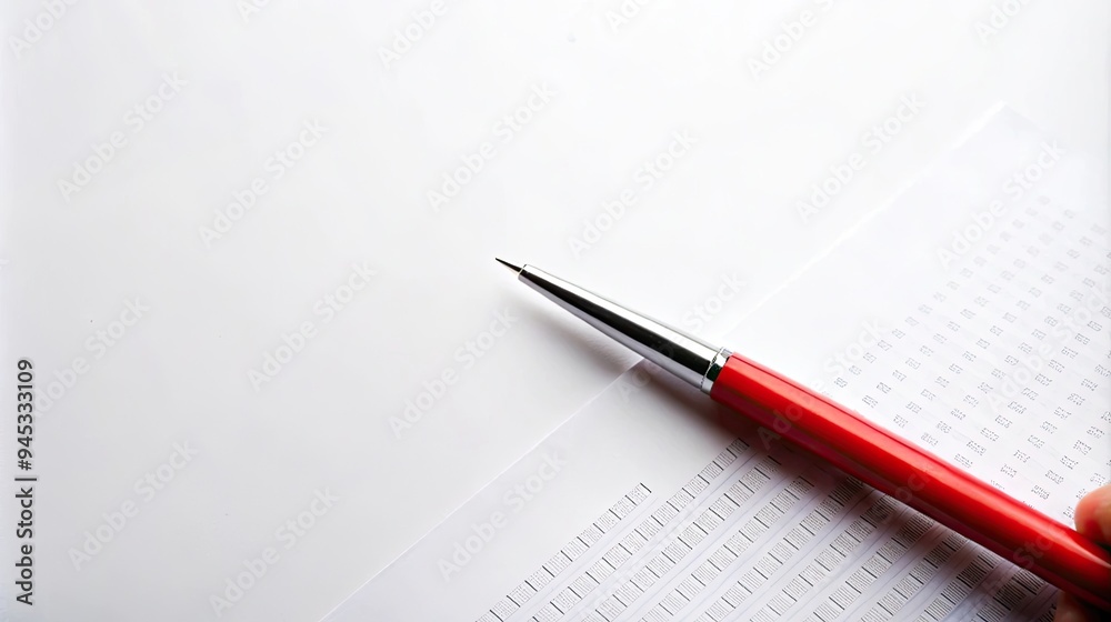 Exam writing with pen on white background top view Exam writing with pen on white background top view