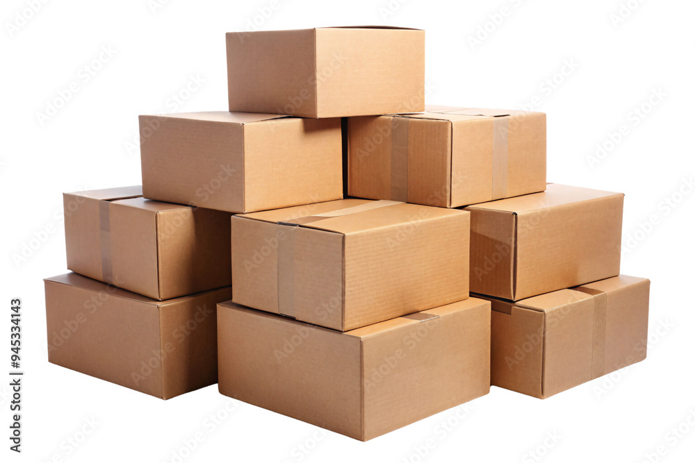 A stack of plain brown cardboard boxes of varying sizes. The simple and practical design is accentuated by the clean lines and uniform color against the transparent background A stack of plain brown cardboard boxes of varying sizes. The simple and practical design is accentuated by the clean lines and uniform color against the transparent background