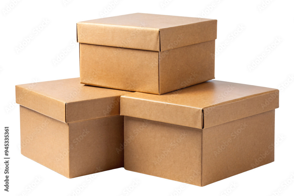 Three cardboard boxes with lids, arranged in a triangular formation. The simple, functional design stands out against the transparent background, emphasizing their utility Three cardboard boxes with lids, arranged in a triangular formation. The simple, functional design stands out against the transparent background, emphasizing their utility