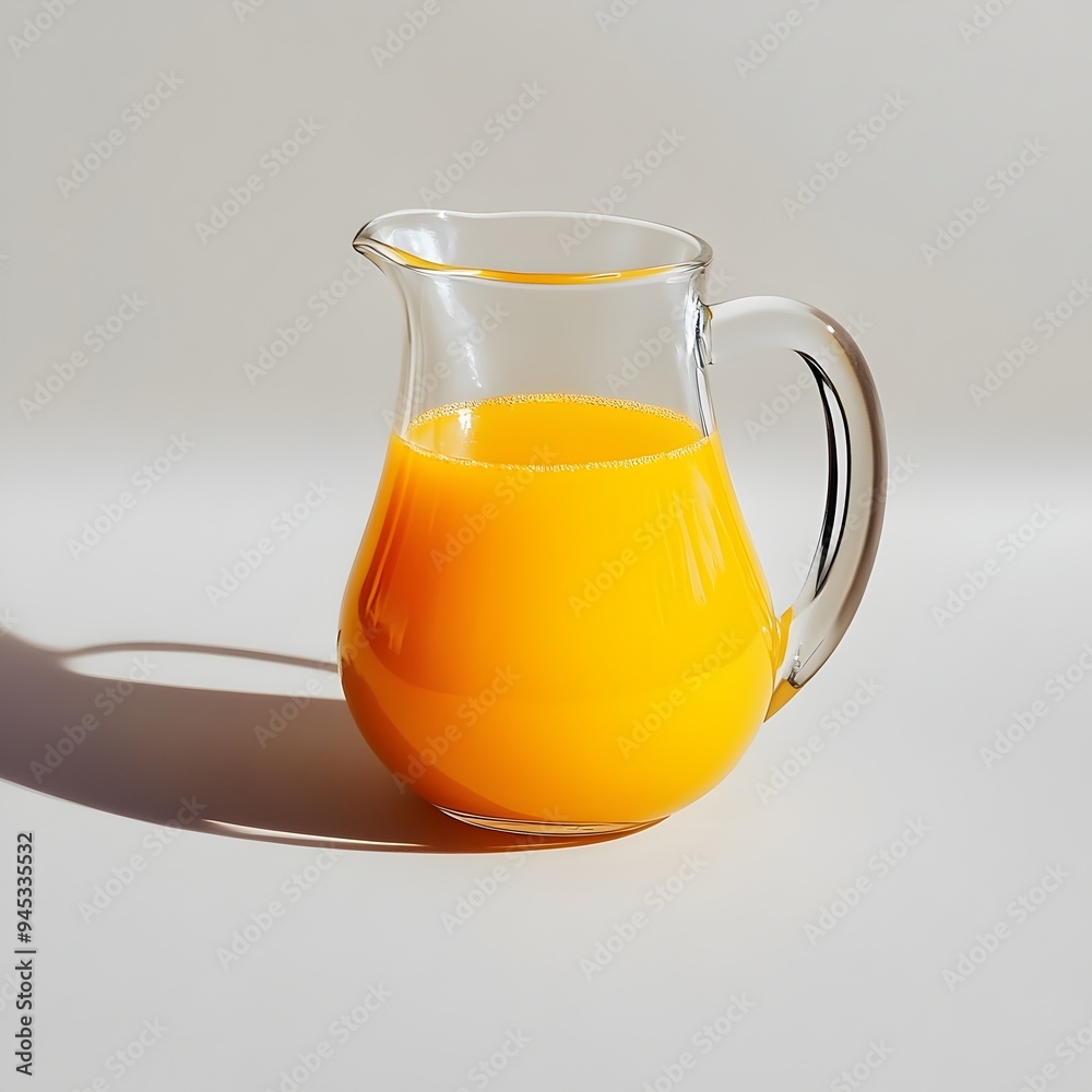 Closeup of a glass pitcher filled with freshly squeezed vibrant orange juice placed at the center of a plain minimalist surface This simple Closeup of a glass pitcher filled with freshly squeezed vibrant orange juice placed at the center of a plain minimalist surface This simple